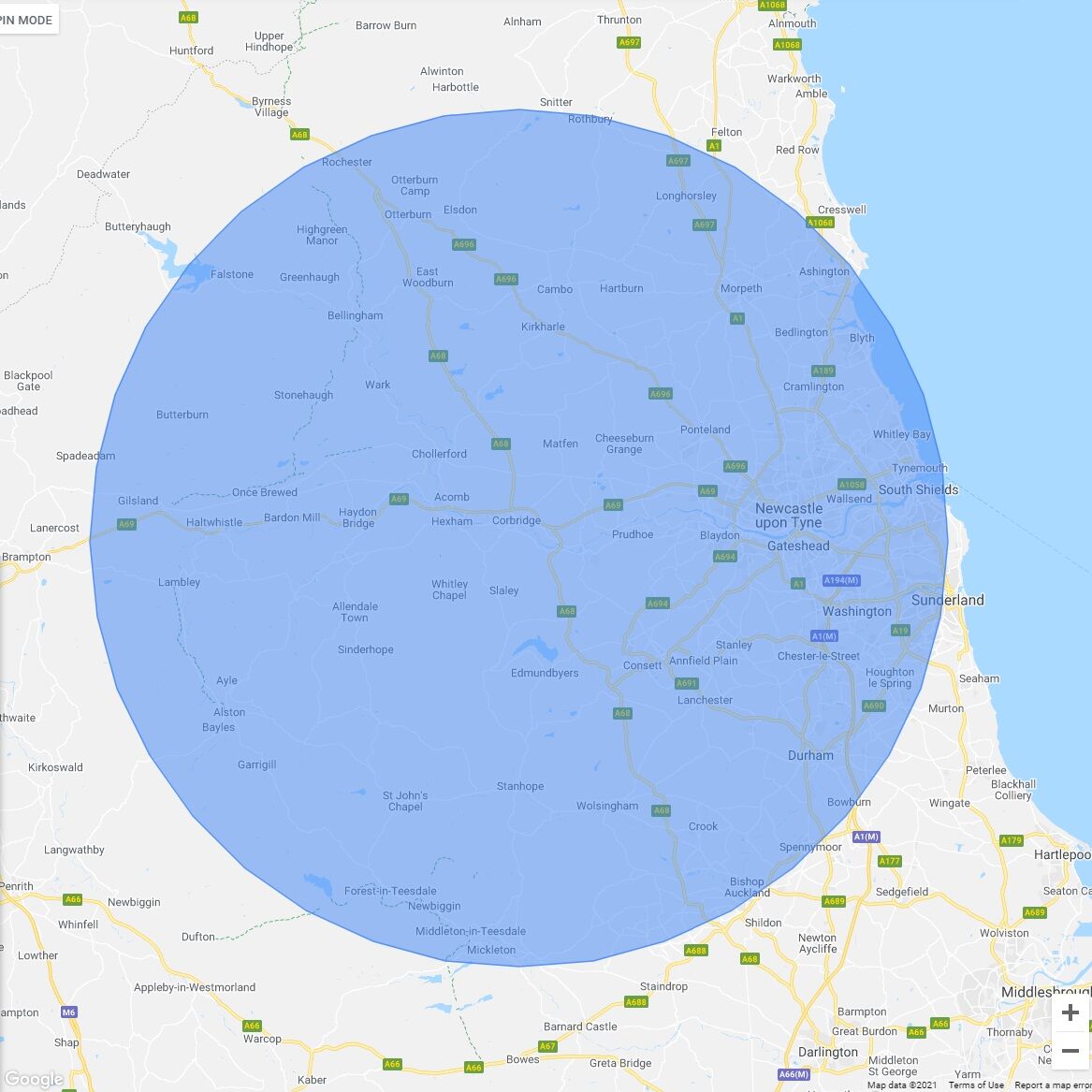 Delivery Chart Discount Log Company   Map 25 Mile Radius 2 